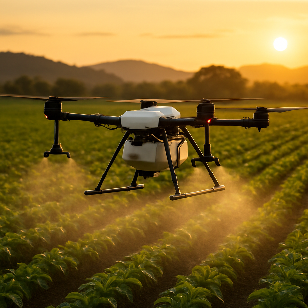 Dron de aspersión agrícola sobrevolando un cultivo dominicano al atardecer