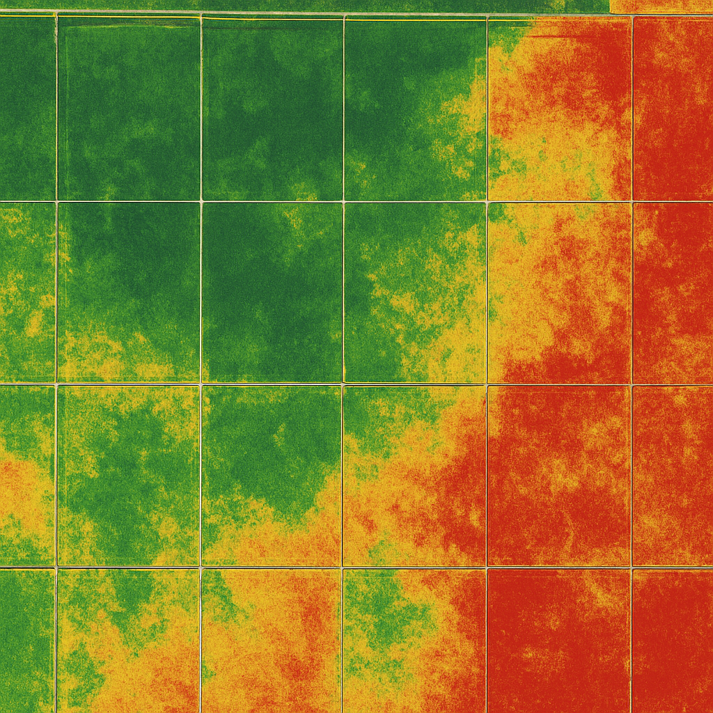 Mapa multiespectral NDVI con zonas verde, amarilla y roja de salud del cultivo